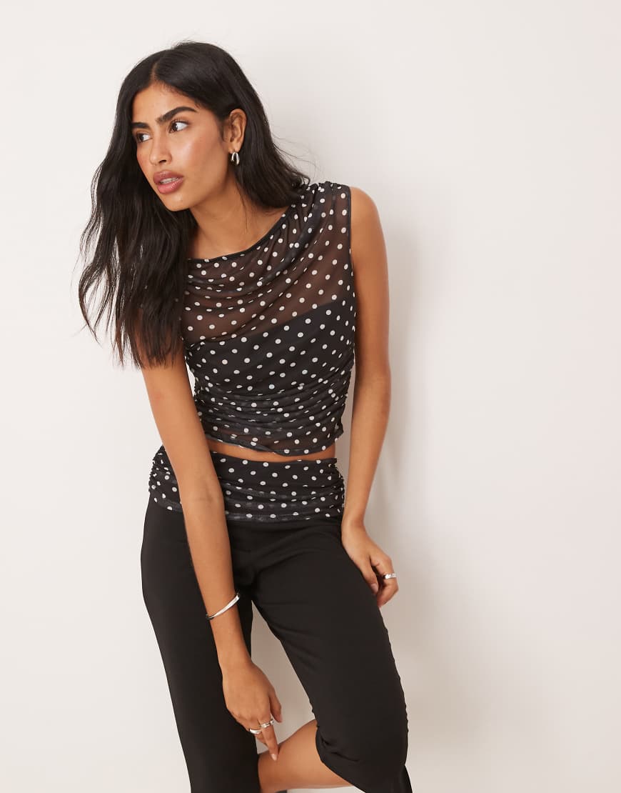 Co-ord gathered short sleeve off shoulder mesh top in black polka dot-Multi
