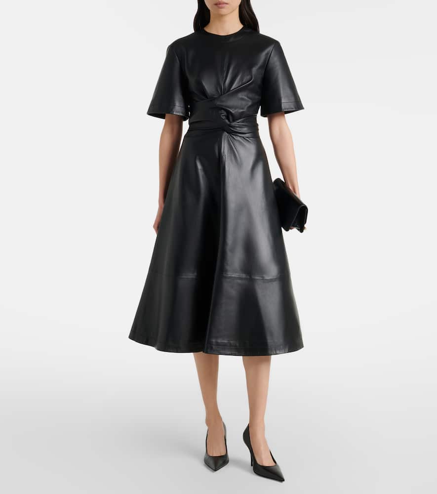 Gathered leather midi dress