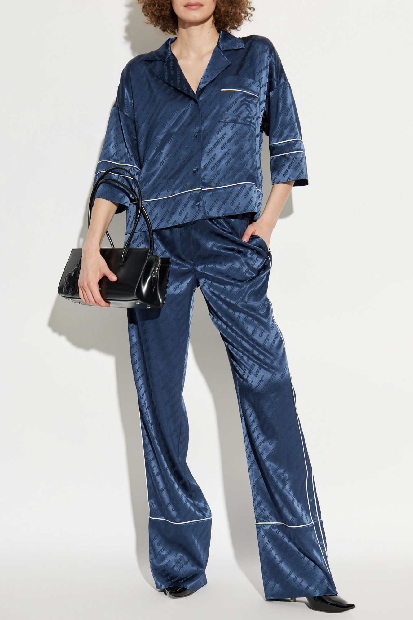 Satin Trousers With Monogram, Women's, Navy Blue