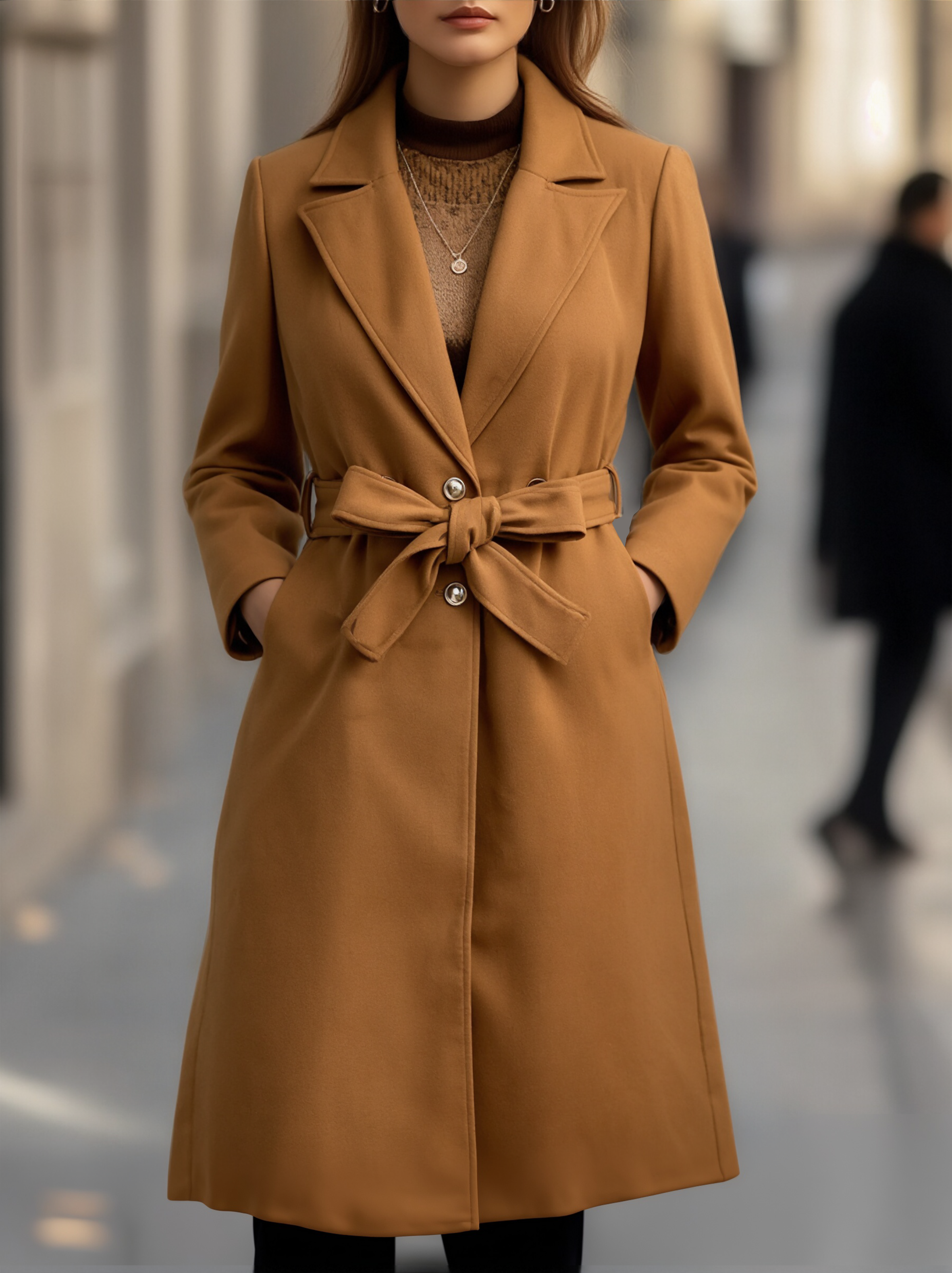 Classic Camel Wool Trench Coat with Belted Silhouette - Camel
