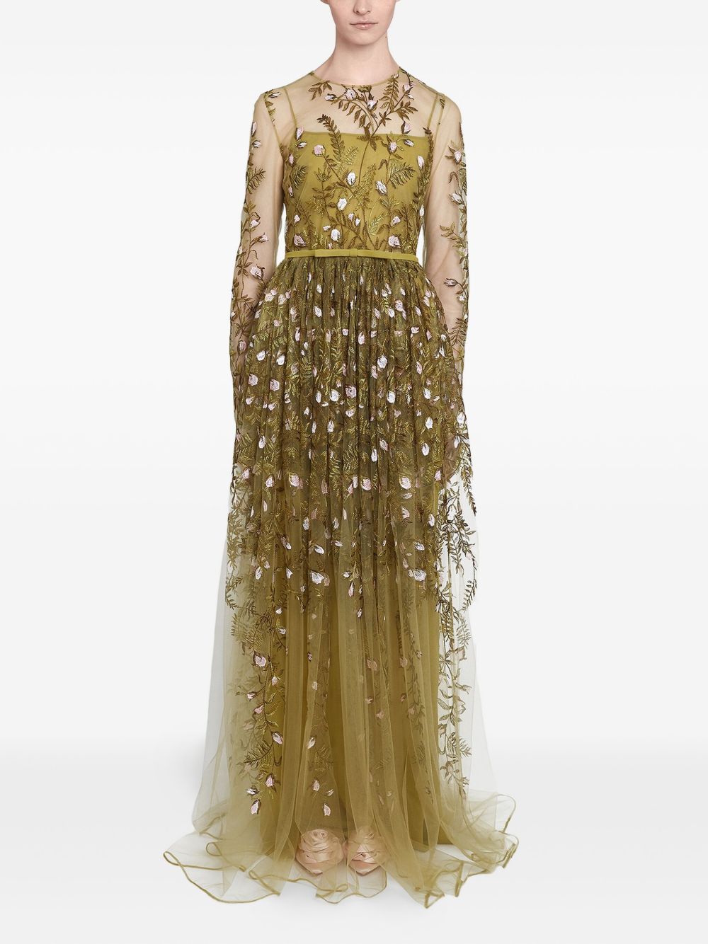 Embroidered tulle long dress - Green