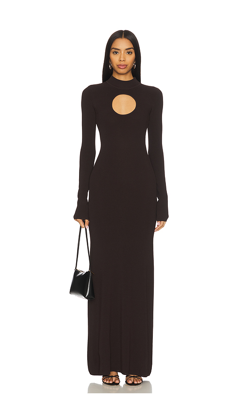 NICHOLAS Diantha Long Sleeve Midi Dress With Circle Cutout in Chocolate. L. Also in XS, S