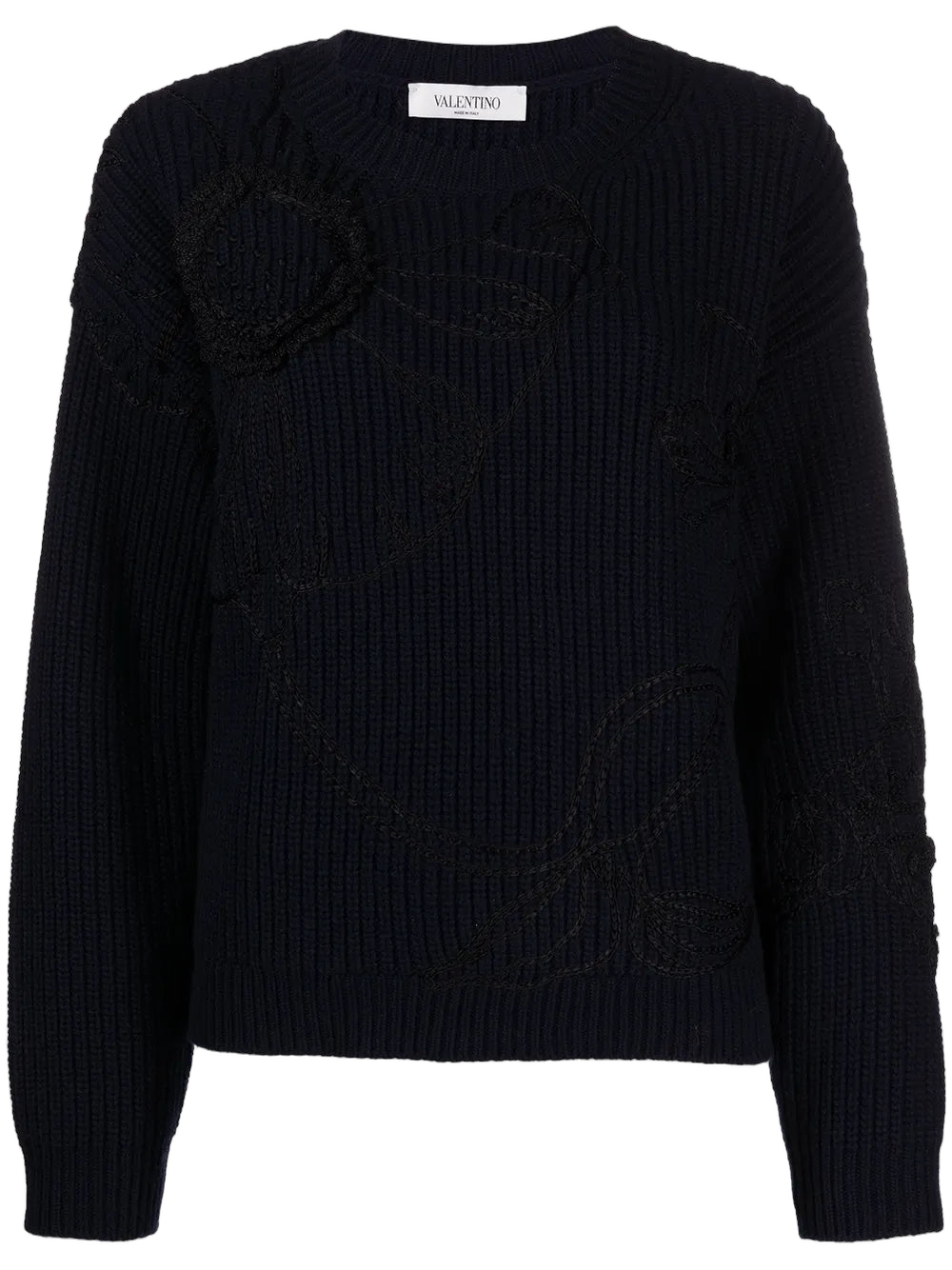 Floral-Embroidered Knit Sweater — Navy