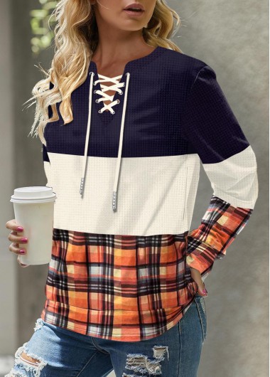 Modlily Multi Color Patchwork Plaid Long Sleeve Sweatshirt