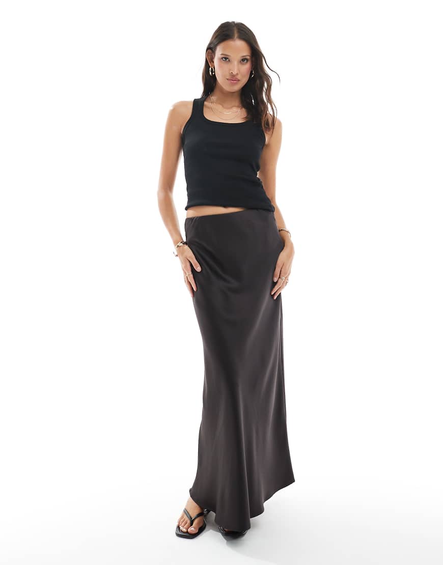 Satin bias cut midi skirt in chocolate-Brown