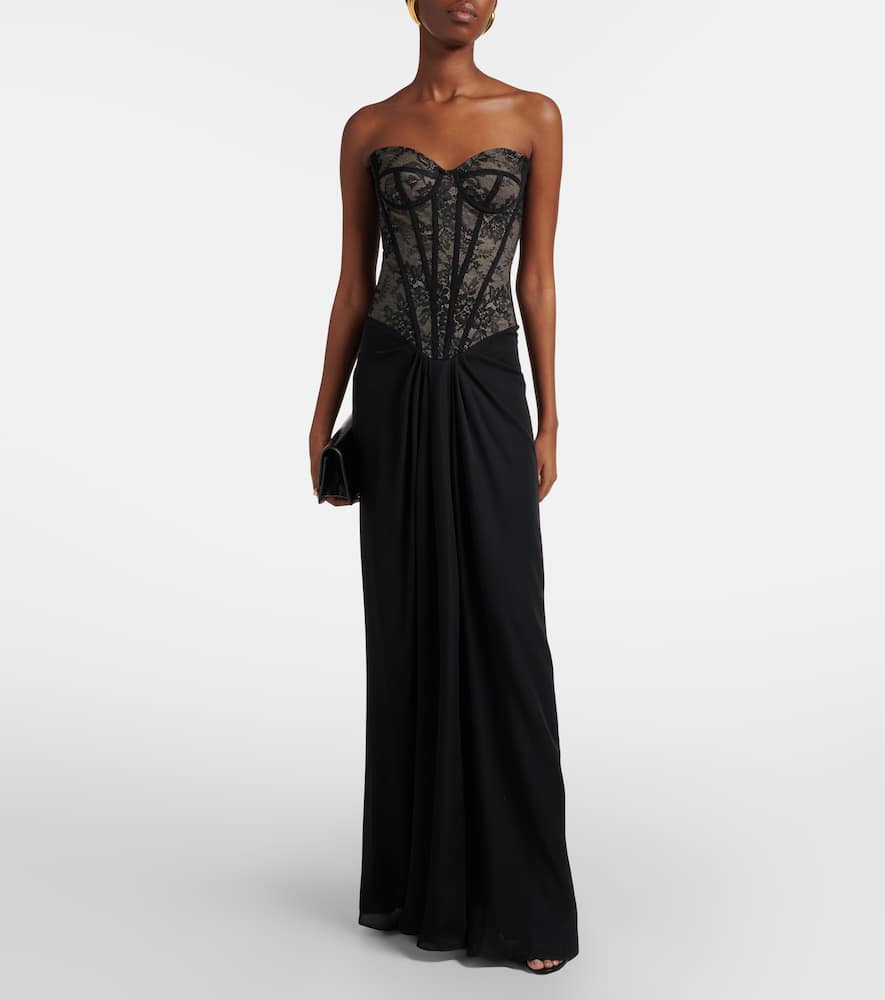 Scarf-detail draped lace gown