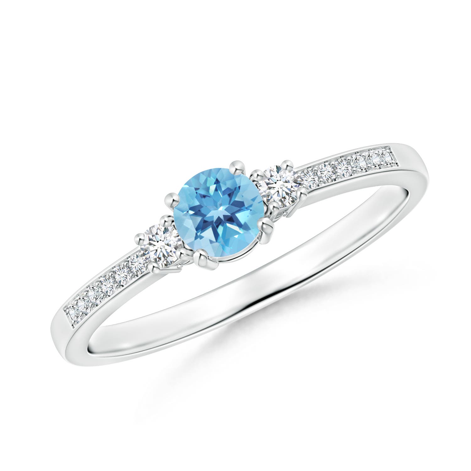 Angara 0.32 Carat Classic Three Stone Round Swiss Blue Topaz and Diamond Engagement Ring in Platinum