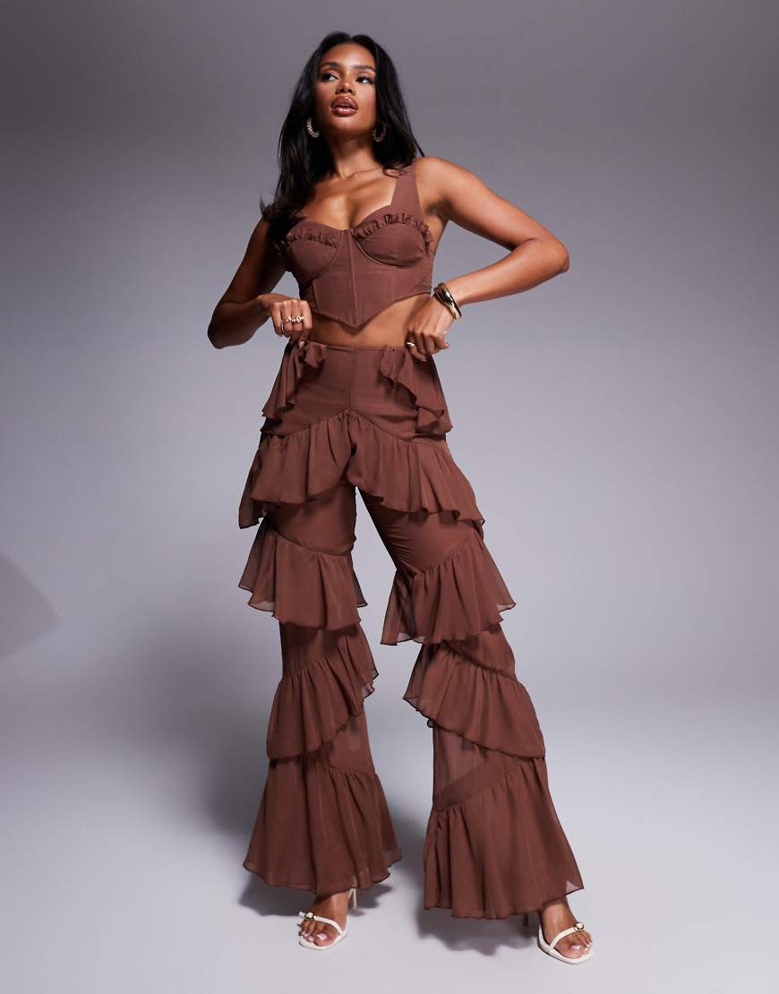Boho chiffon ruffle trouser co-ord in chocolate-Brown