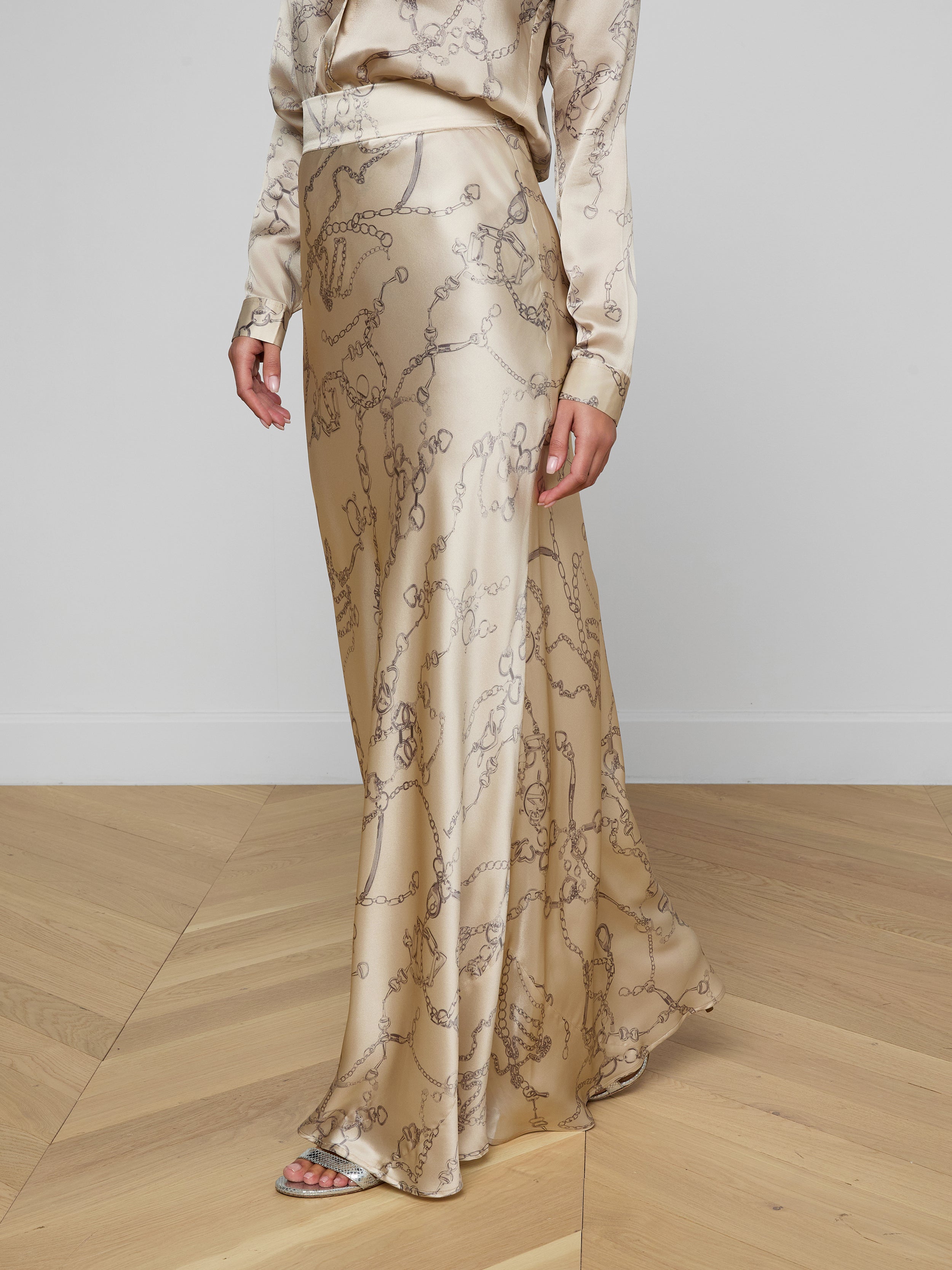 Ryker Silk Maxi Skirt In Soft Macadamia Multi Small Horsebit Chain