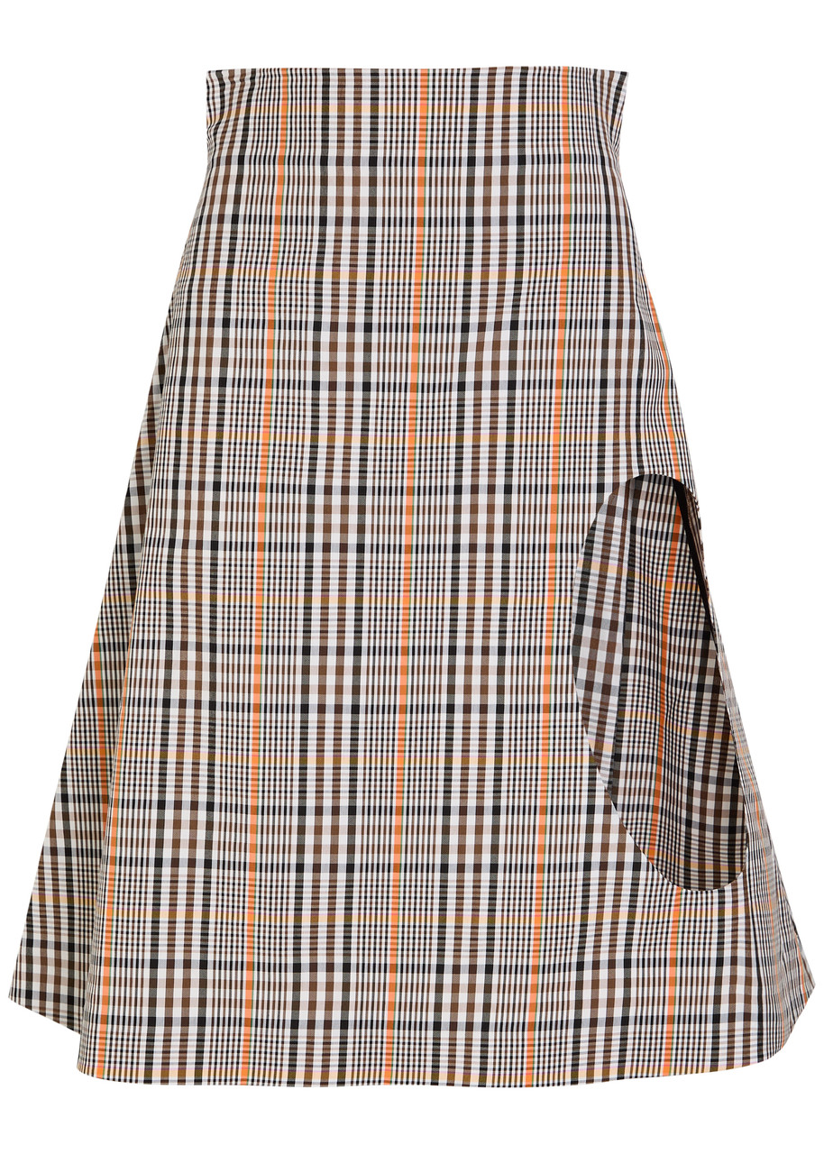 Plaid Cut-out Cotton-blend Midi Skirt