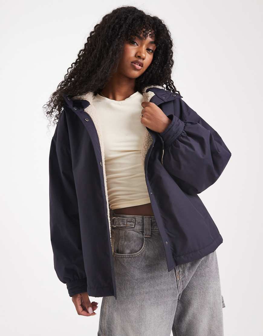 Oversized fleece lined rain coat in navy-Green