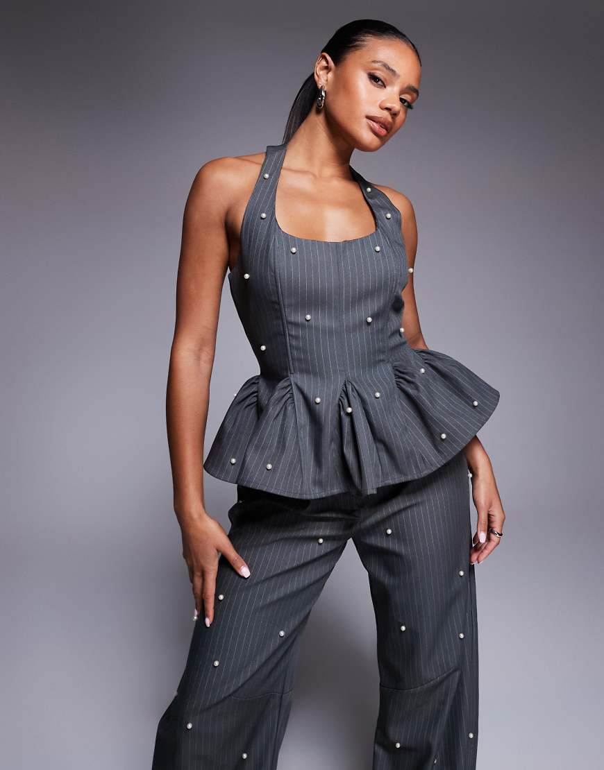 Peplum corset top with pearls in gray pinstripe - part of a set