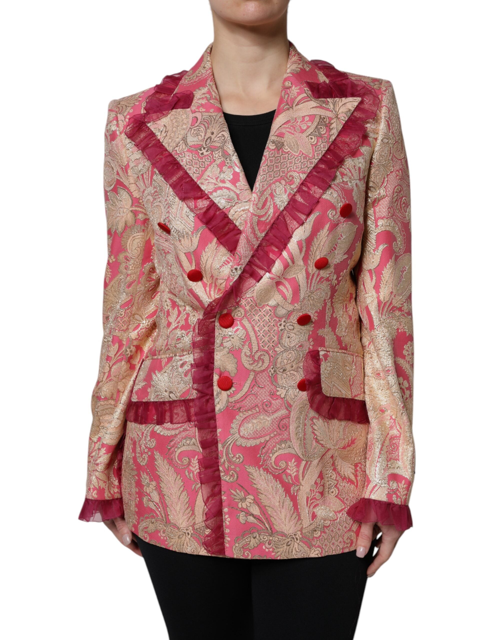 Floral Jacquard with Ruffled Trim Blazer — Pink