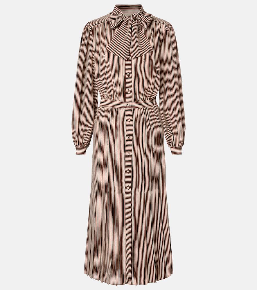 Striped tie-neck silk midi dress