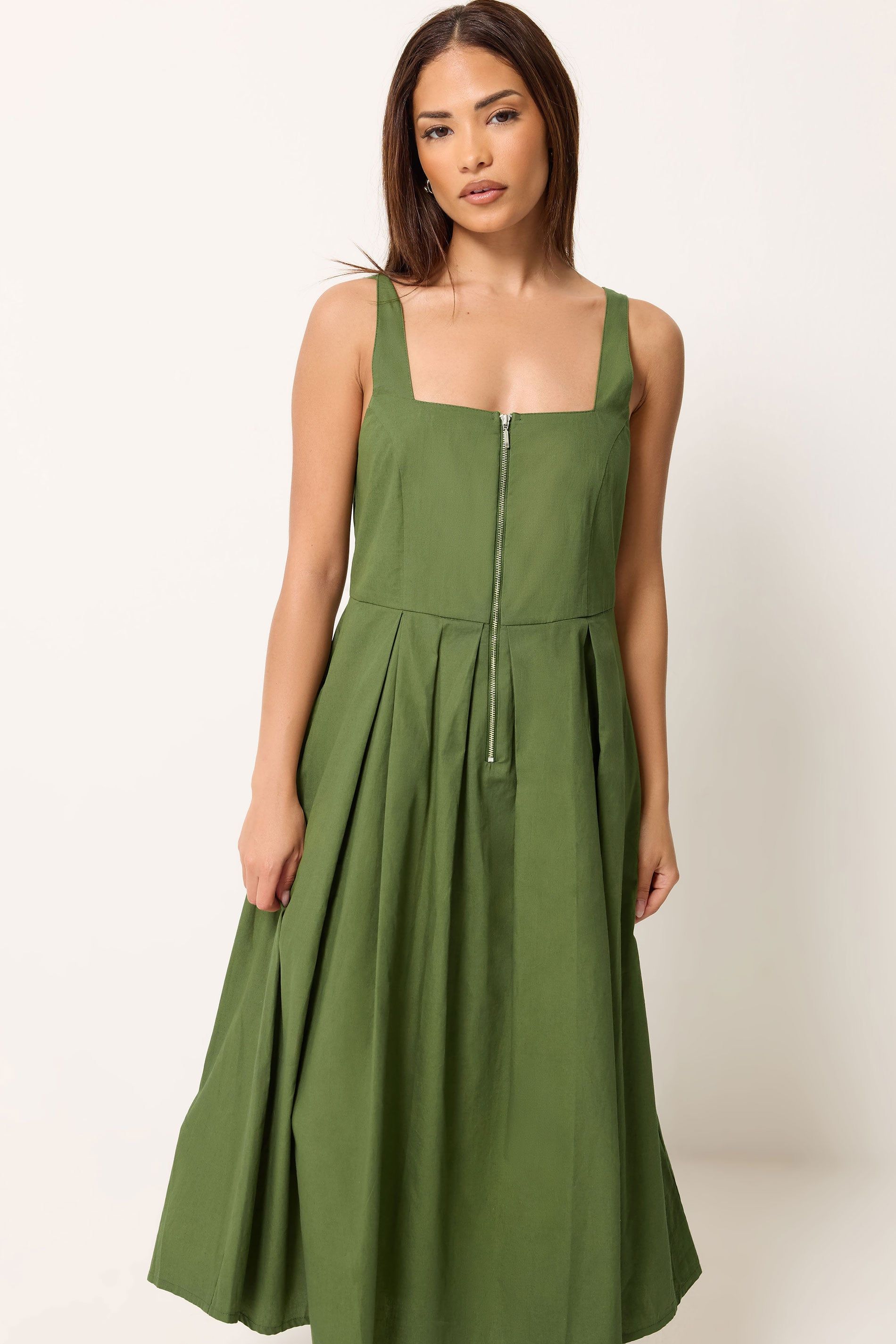 PixieGirl Women's Petite Pleated Midi Dress in Olive