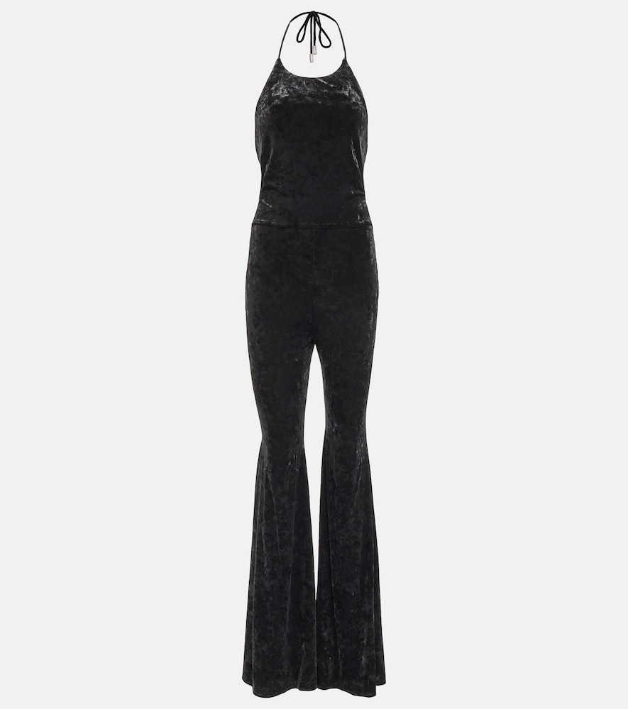 Halterneck flared velvet jumpsuit