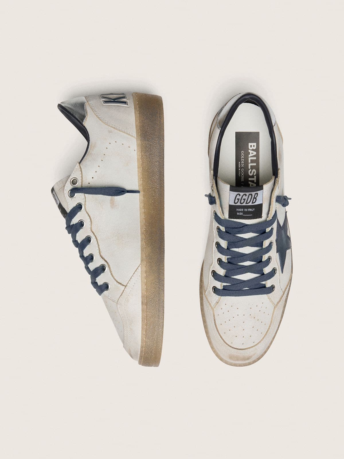 Golden Goose - Men’s Ball Star In White Leather With Dark Blue Leather Star And Silver Laminated Leather Heel Tab, Man