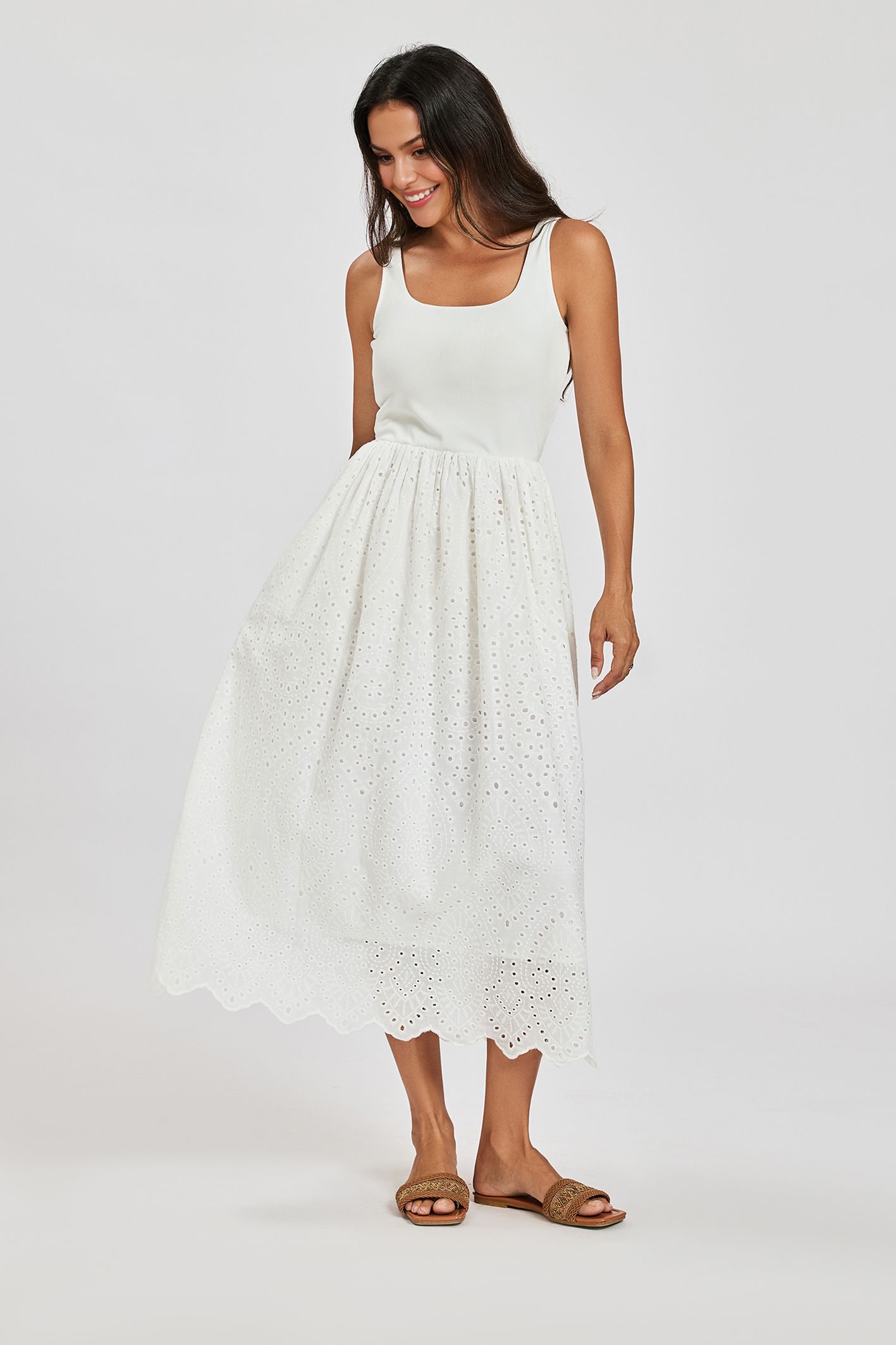 FS Collection Women's Broderie Anglaise Sleeveless Midi Dress in White