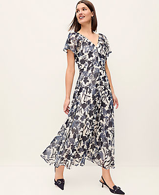 Ann Taylor Floral Flutter Sleeve Midi Dress