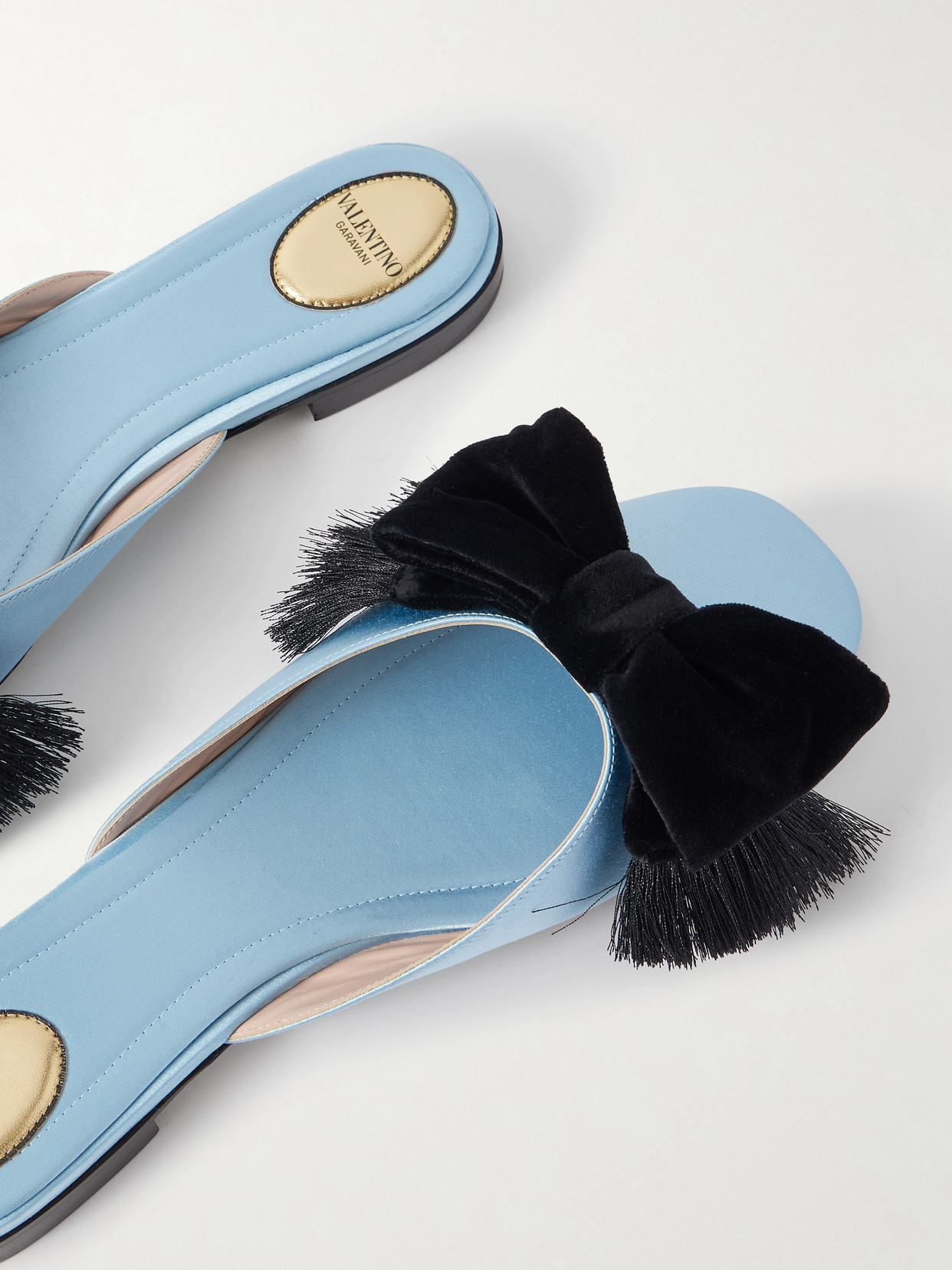 Reinette Bow-embellished Velvet-trimmed Satin Mules - Blue
