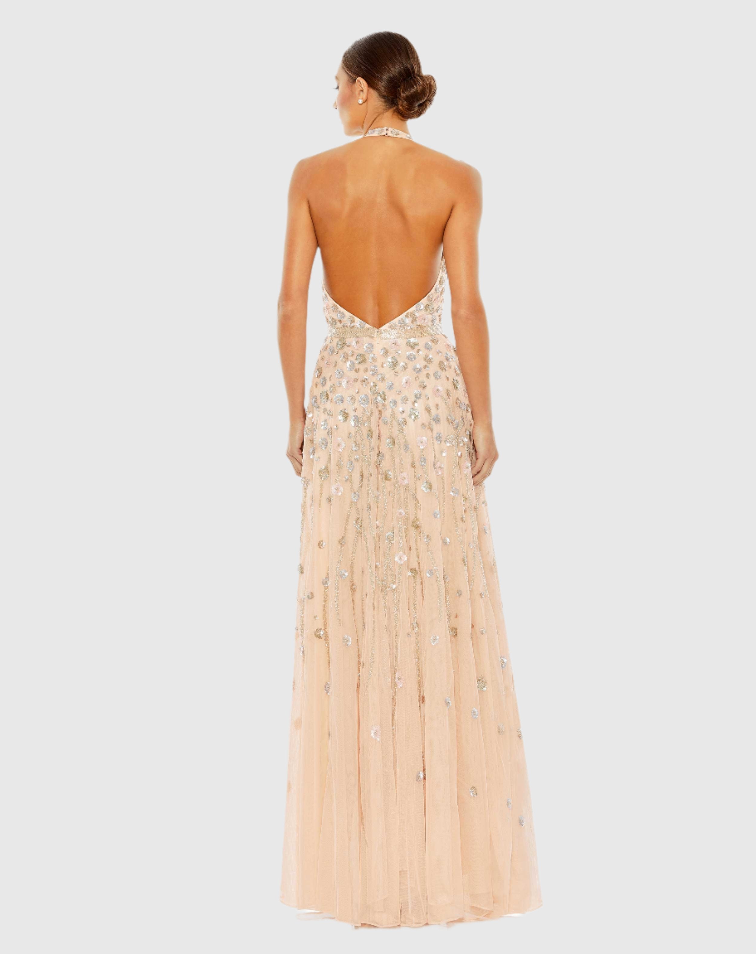 Light Pink Floral Embellished Halter Strap A Line Maxi Gown In Light Pink