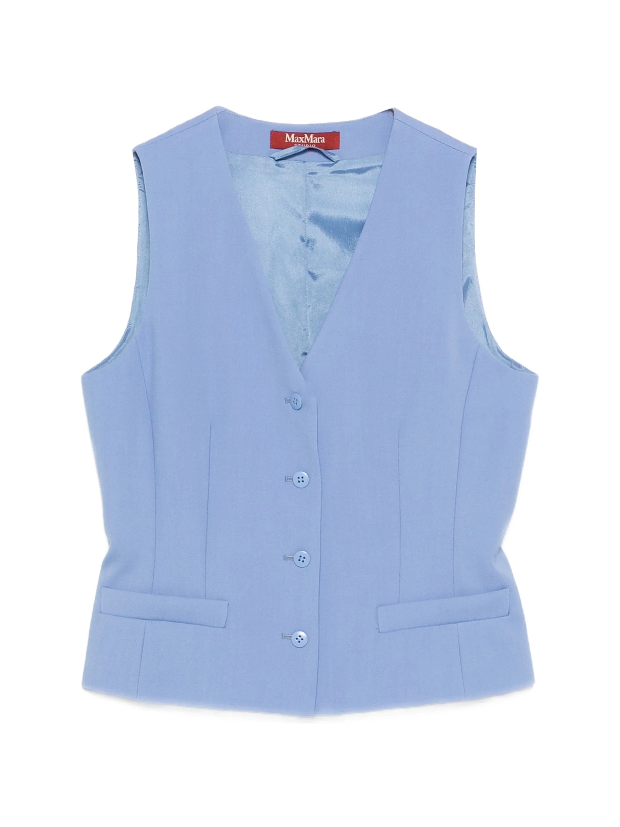 Wool Crepe Satin Vest with V-Neck, Front Buttons & Adjustable Back Strap