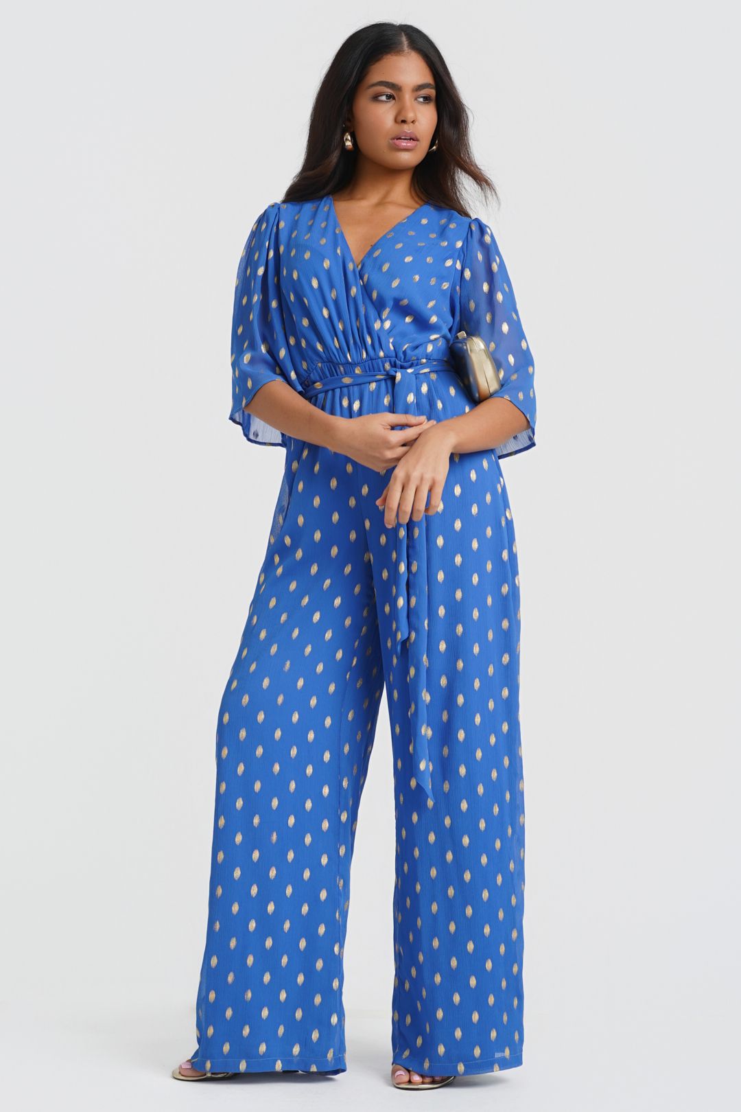 Needs No Label Women's Blue Foil Angel Sleeve Jumpsuit