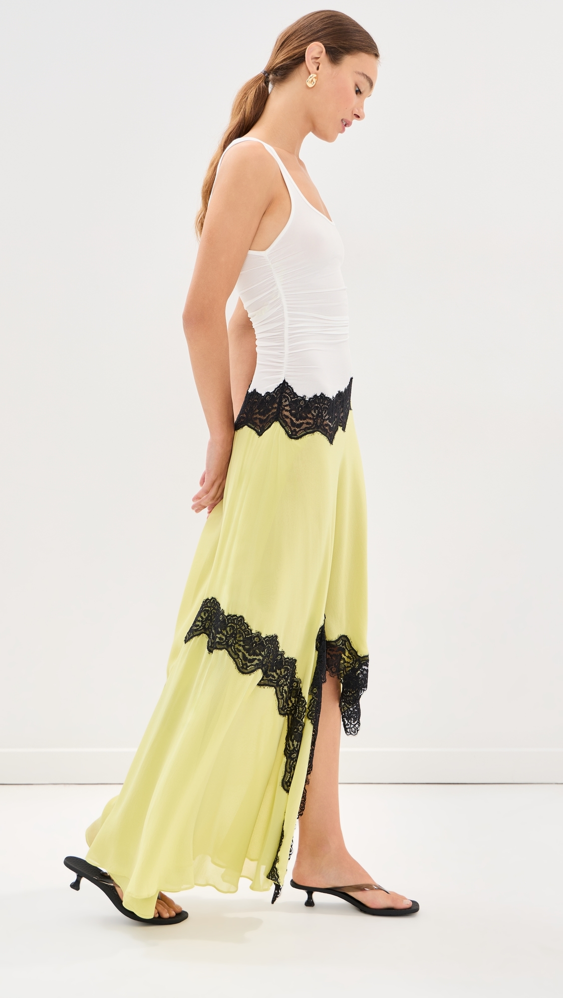 Cutaway Lace Gathered Tank Silk Dress Chartreuse/Multi