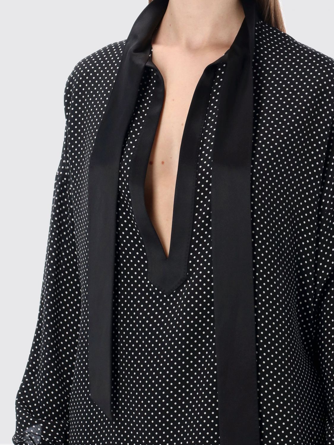 Printed Small Polka Dot Silk Crepe De Chine Lavalliere Tunic Top