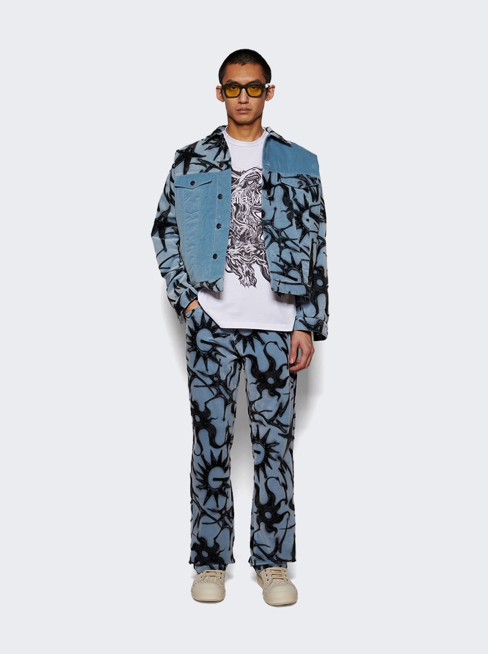 Abstract-print velvet trousers - Blue