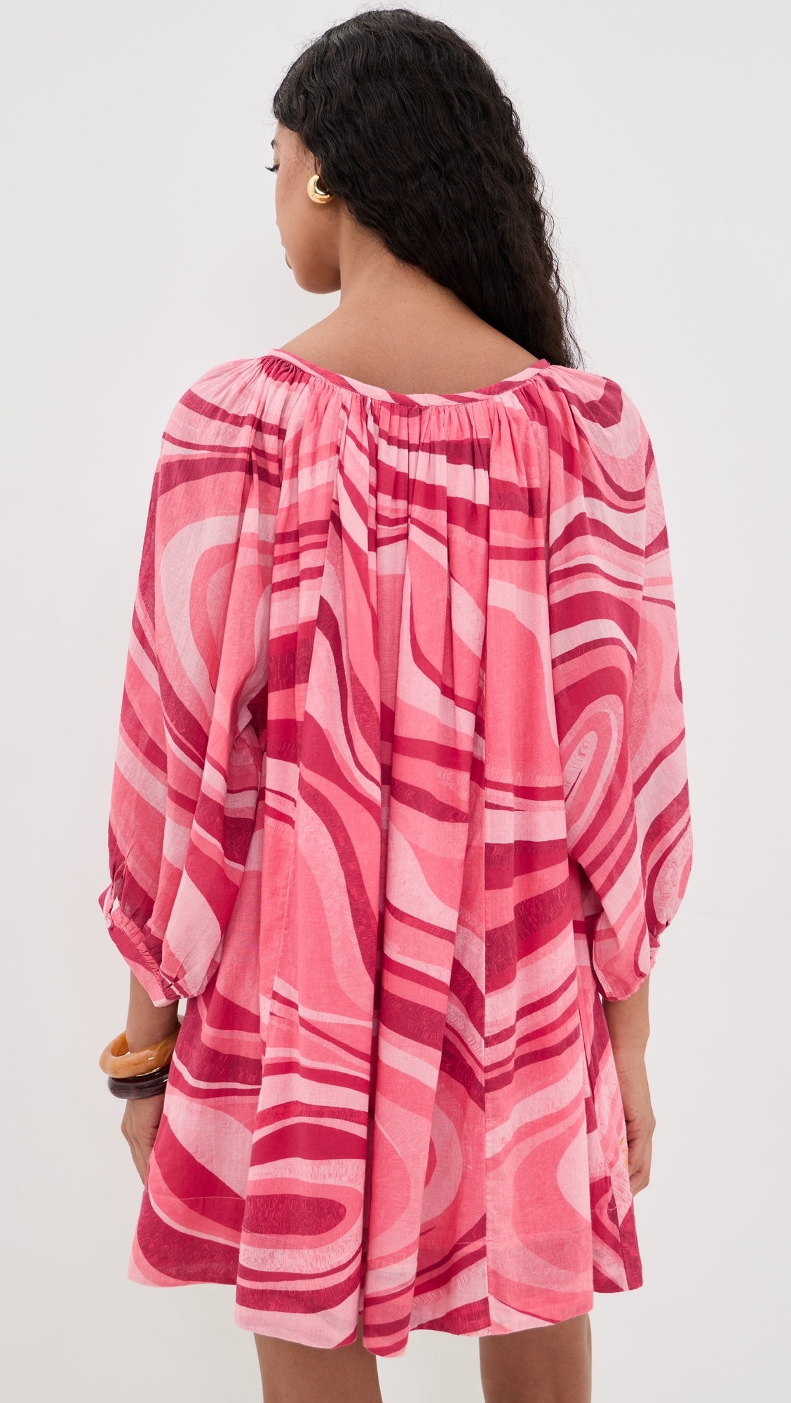 Shirred Half Placket Mini Dress Sunrays Sunset Waves One Size