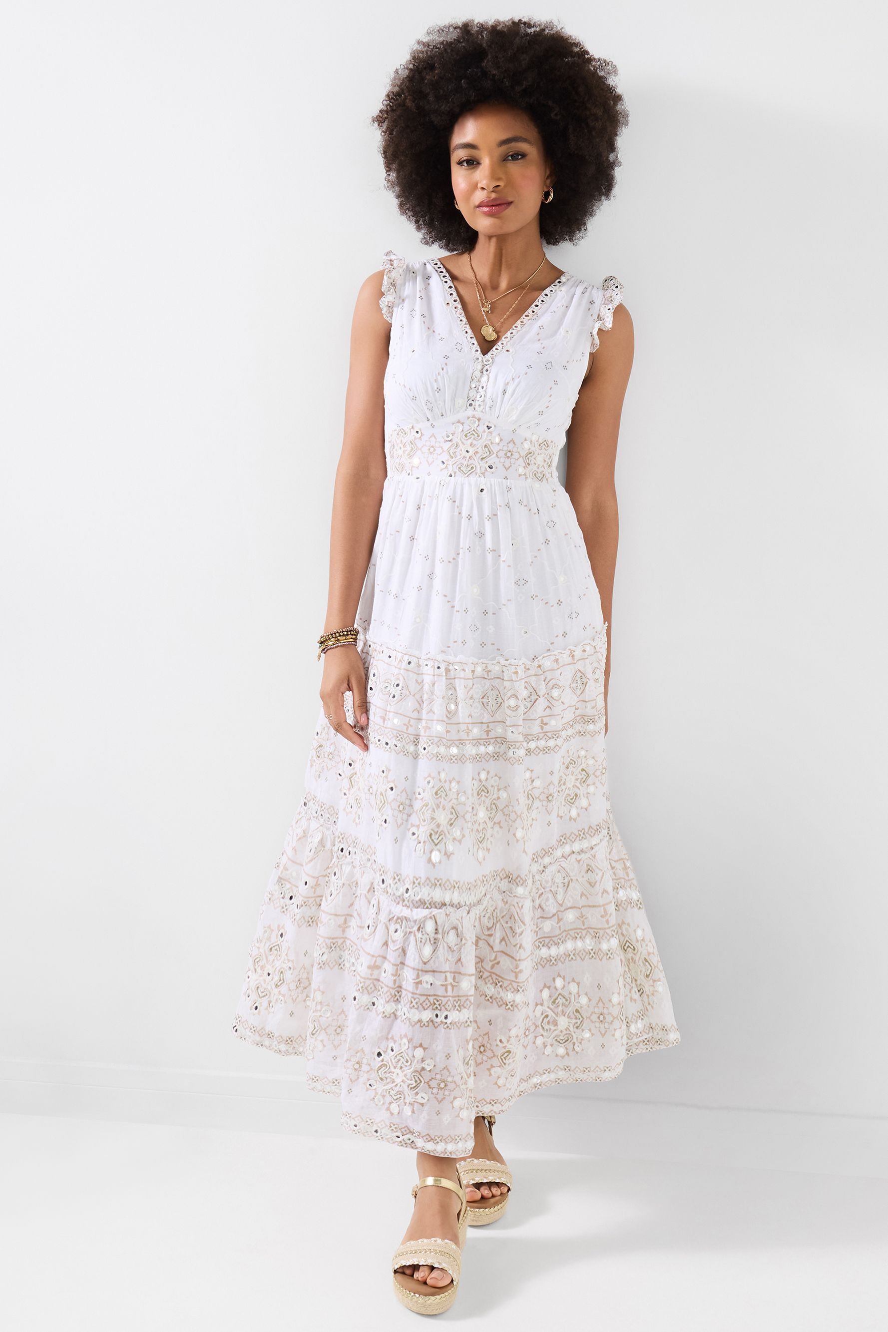 Joe Browns Textured Maxi Dress With Mirrored Embellishment And Tiered Skirt In White