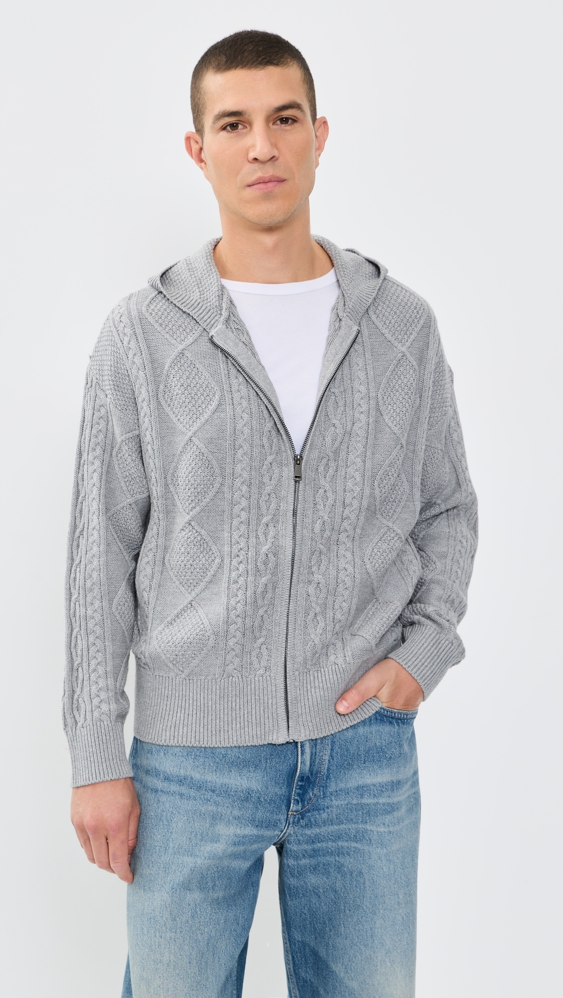 Liam Cable Knit Zip-Up Cardigan Heather Grey