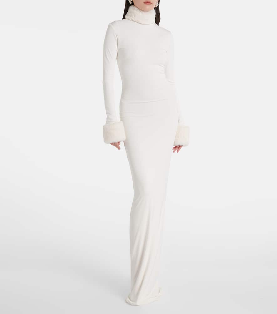 Priscilla faux fur-trimmed satin gown
