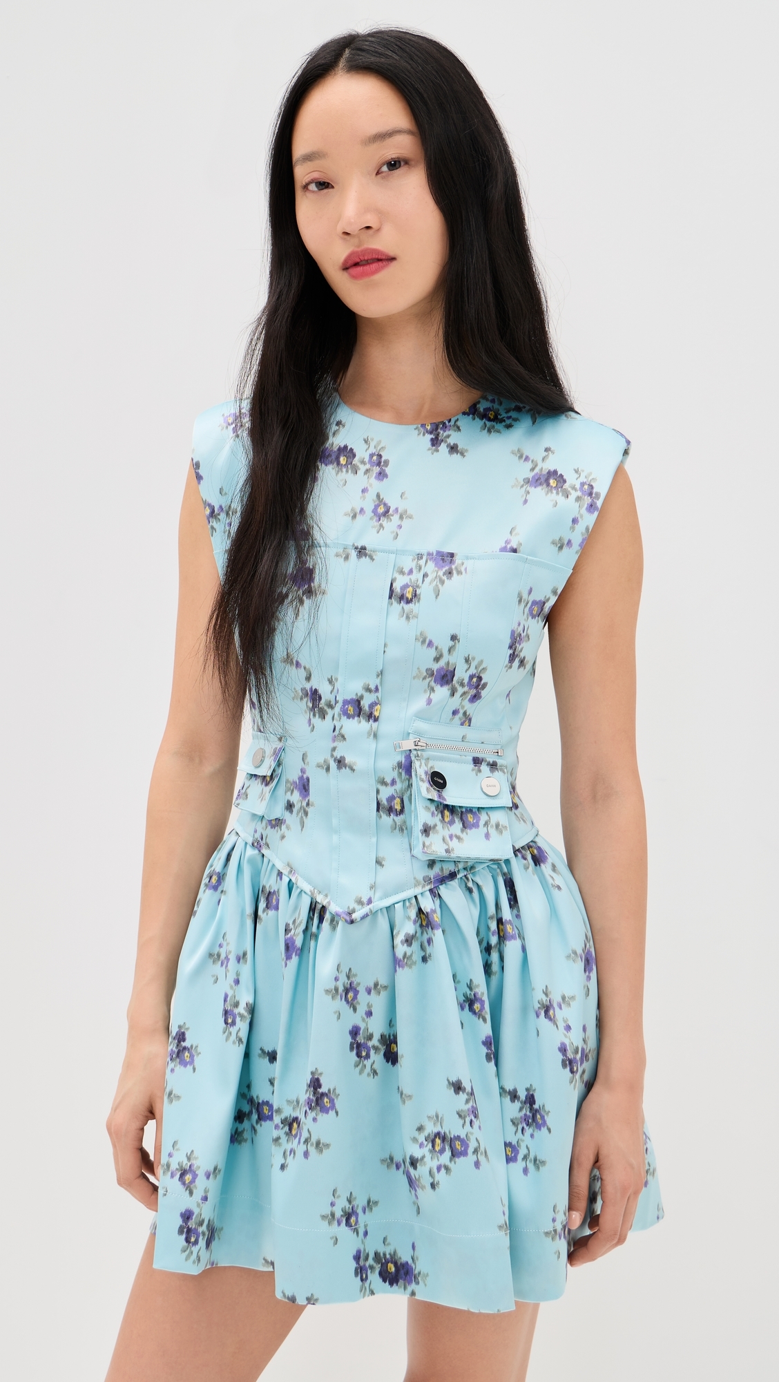 Printed Double Satin Corset Mini Dress Iced Aqua
