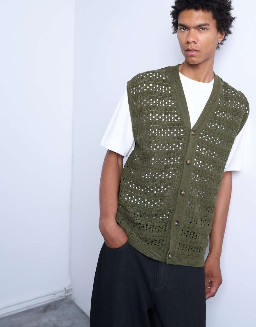 Relaxed crochet button up vest in khaki green