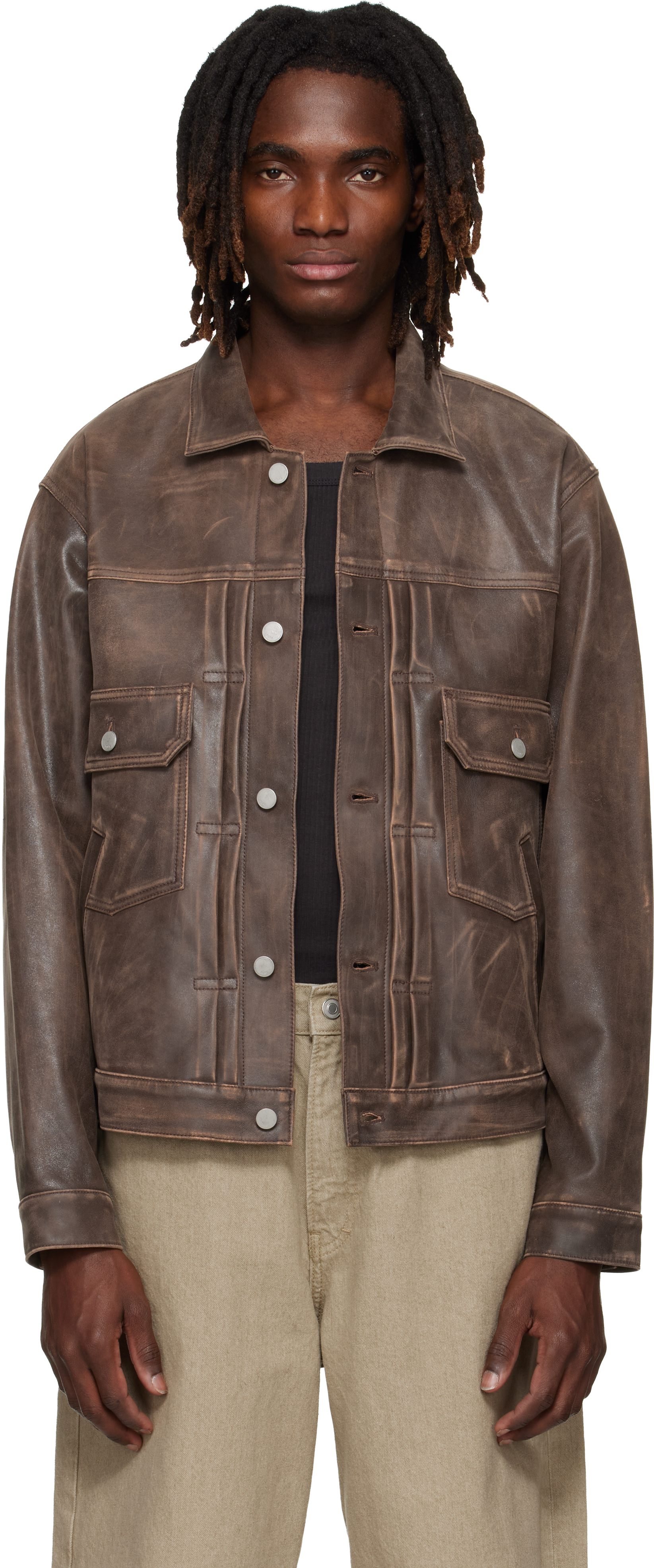 Brown Cracked Leather Trucker Jacket