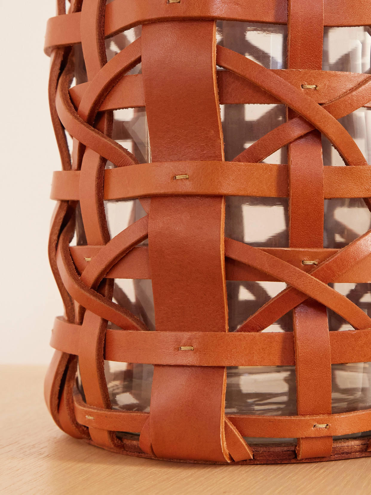 Preston Mini Woven Leather And Glass Hurricane Candle Holder - Brown
