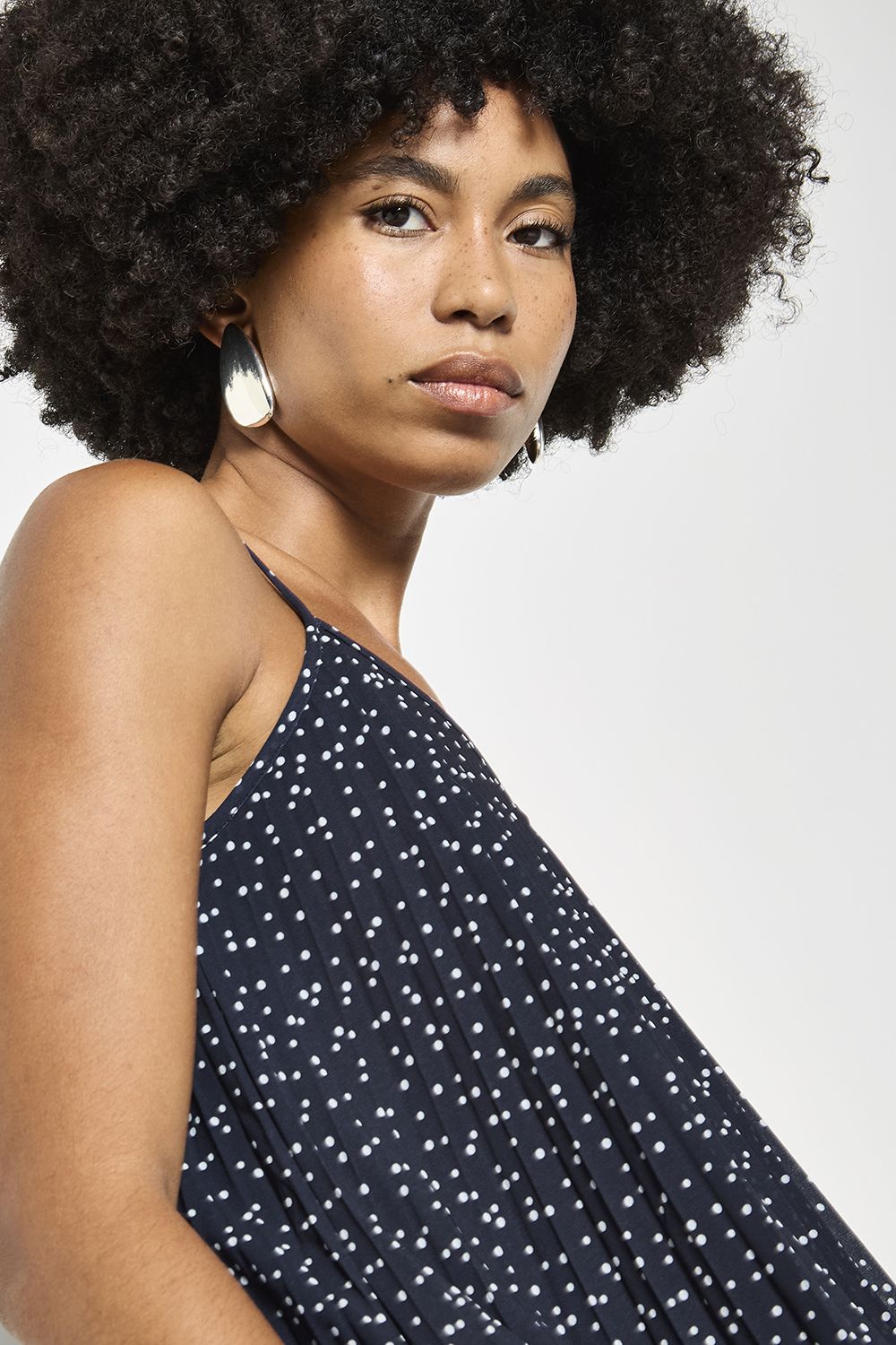 Apricot Women's Polka Dot Pleated Chiffon Cami Top in Navy
