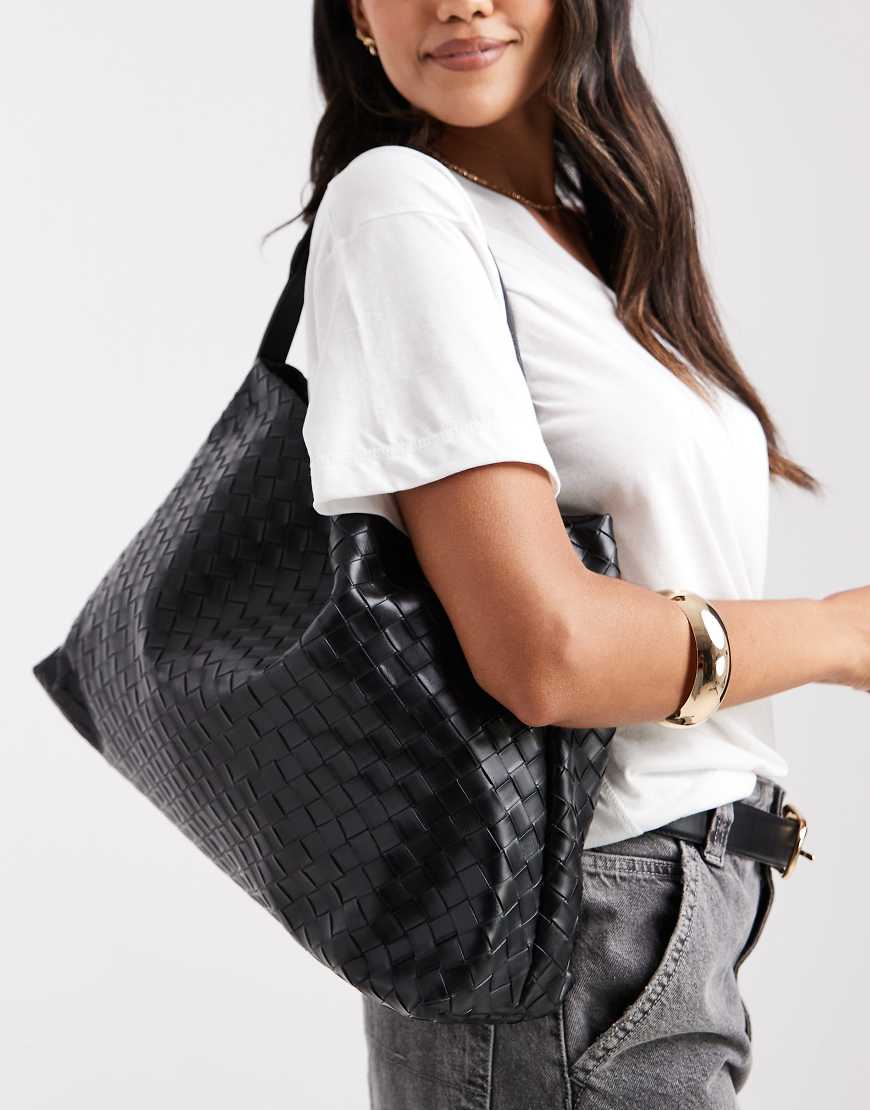 Oversized woven shoulder bag in black