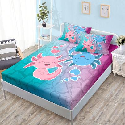 Axolotl Bedding Set Pink And Blue Axolotl Pattern Kawaii Twin Fitted Sheet Set For Bedroom Decor,1 Fitted Sheet+2 Pillowcase