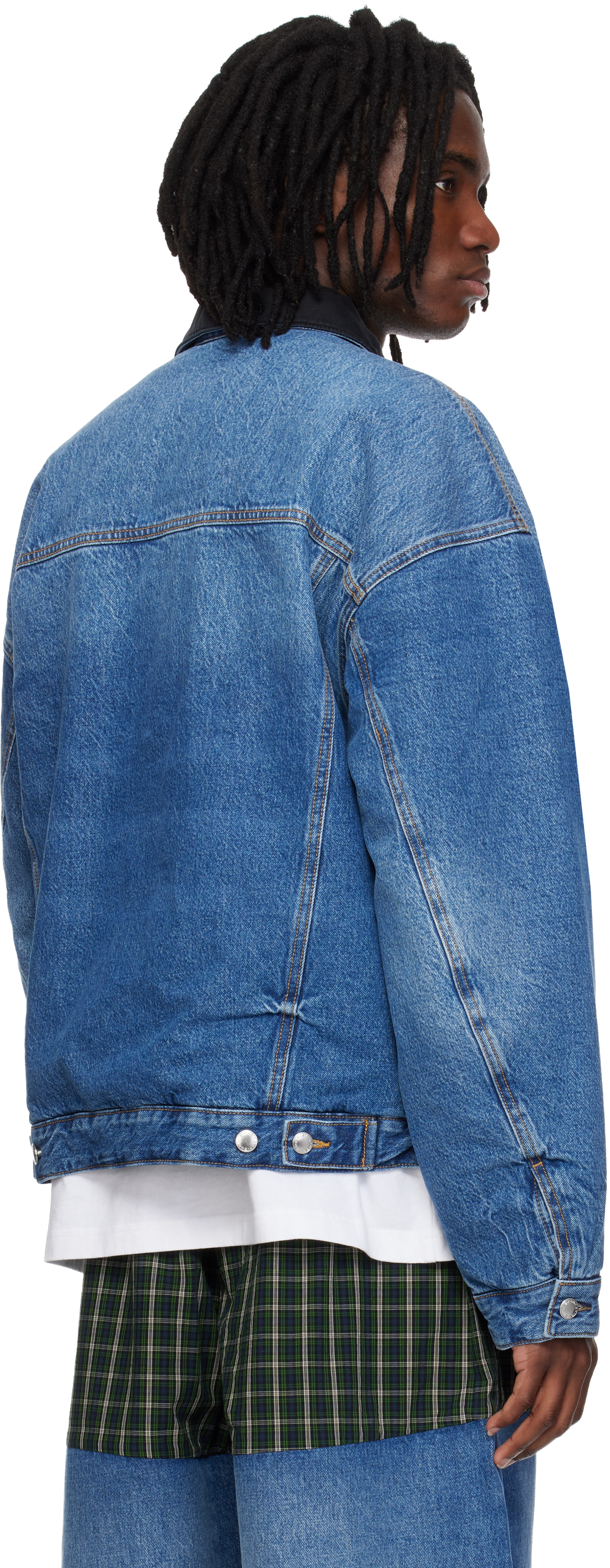 Blue Plaid Combo Reversible Trucker Denim Jacket