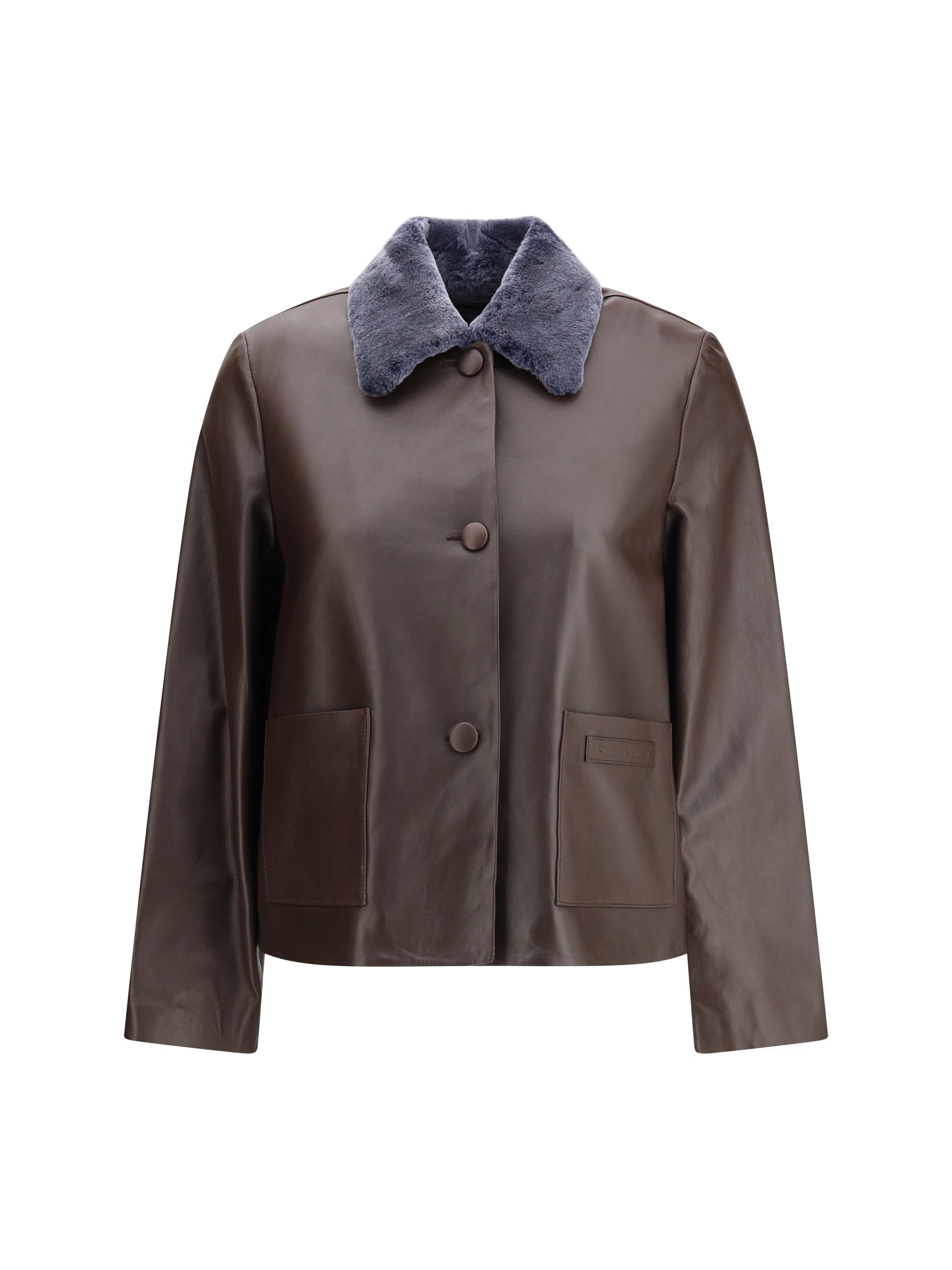 Shearling Collar Leather Jacket — Brown