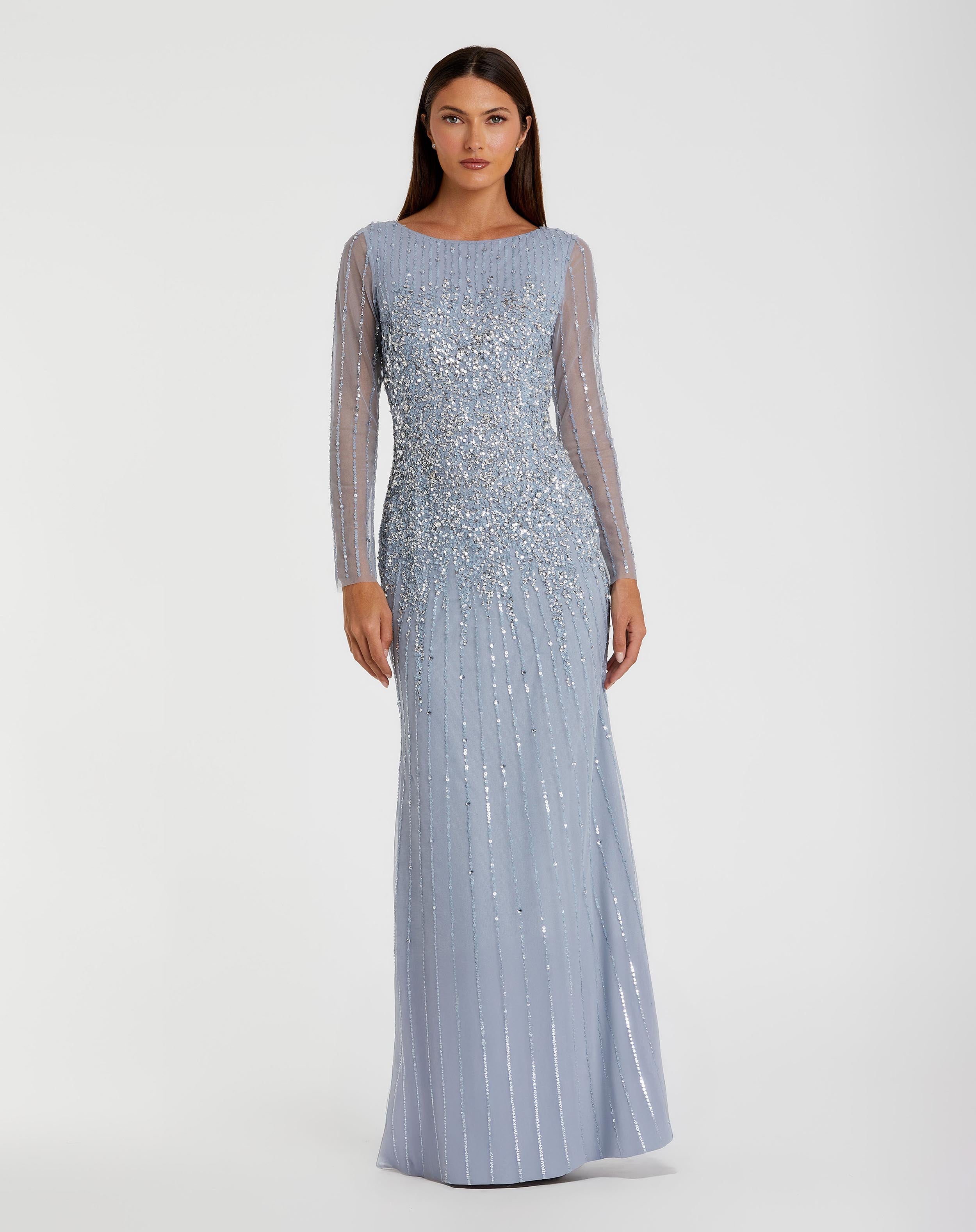 Blue High Neck Sequin Embellished Long Sleeve A Line Gown