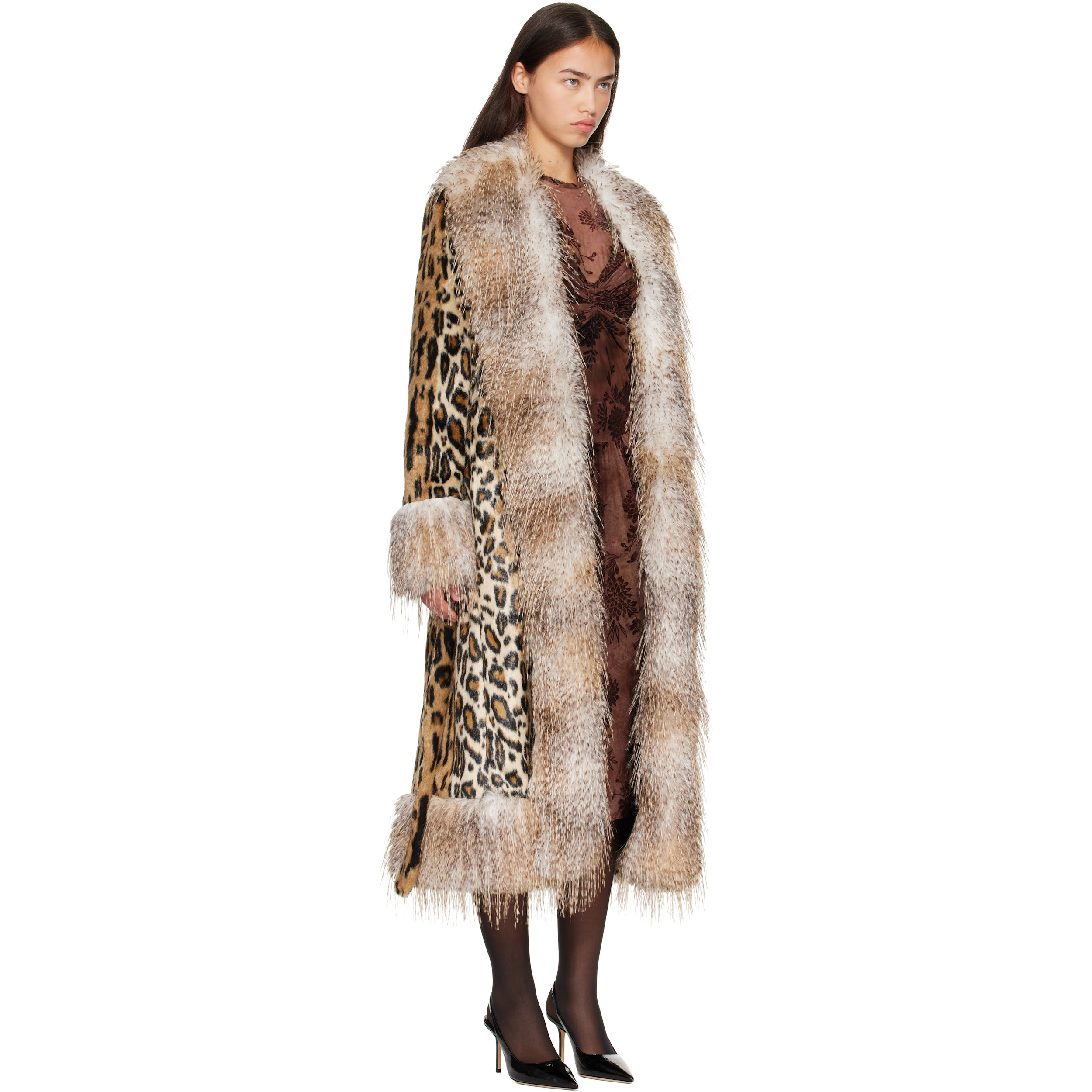 Beige & Brown Belted Faux-Fur Coat