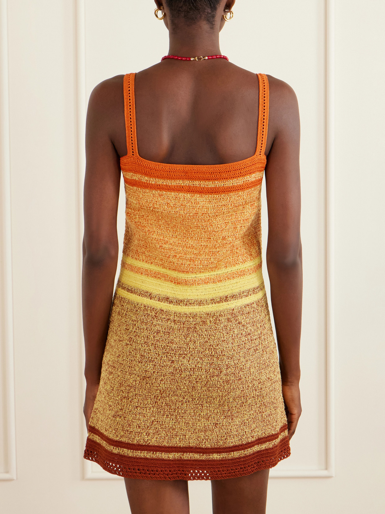 Plumar Striped Crocheted Cotton Mini Dress - Orange