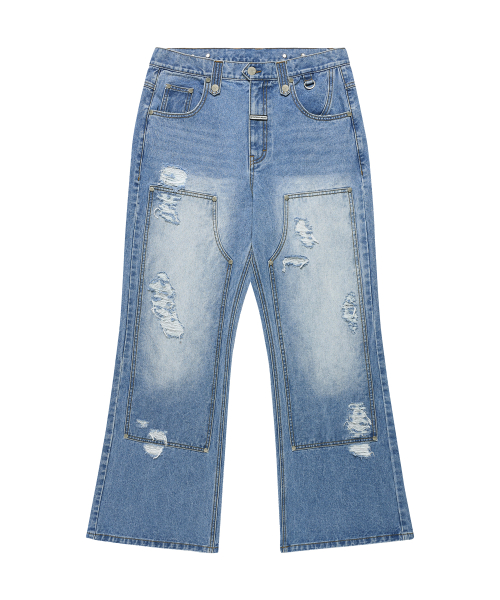 DESTROYED BOOTS CUT DENIM PANTS LIGHT BLUE