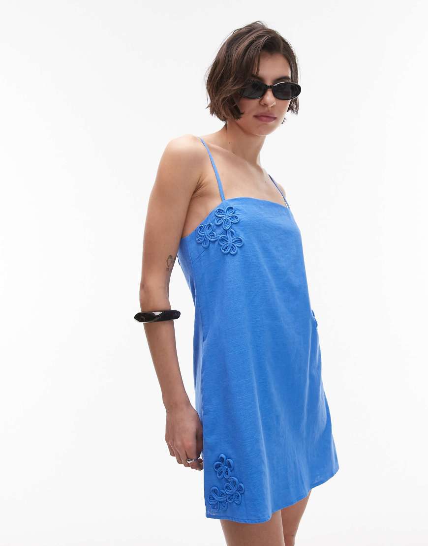 SNDYS linen blend flower applique cami strap square neck mini dress in bright blue