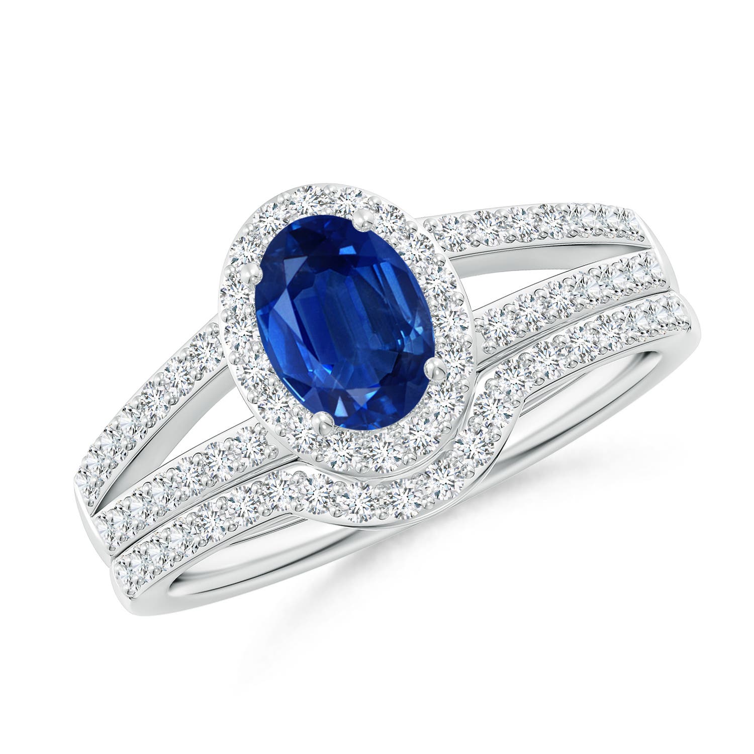Angara 0.85 Carat Sapphire and Diamond Split Shank Bridal Set in Platinum