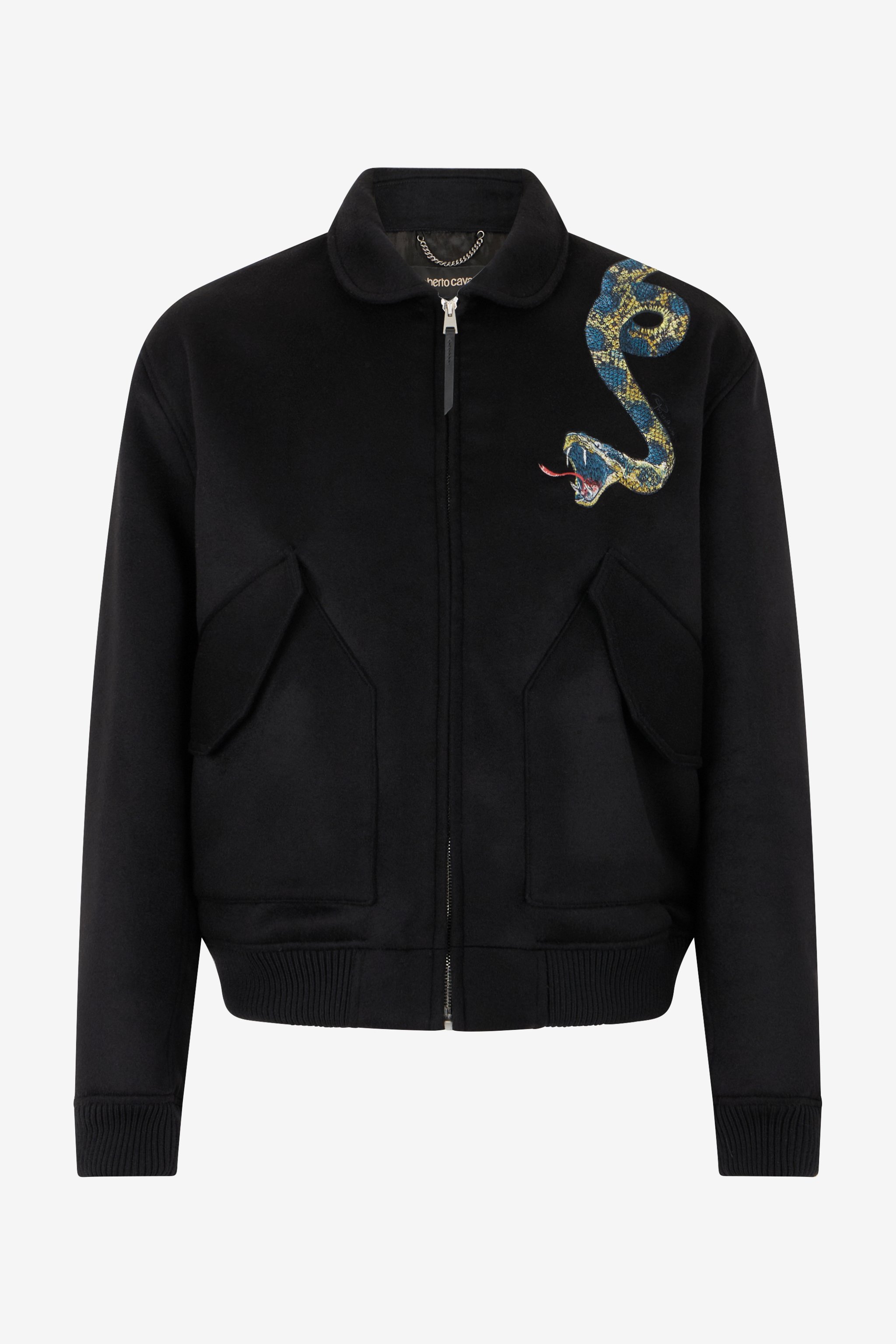 Black Bomber Jacket With Snake Embroidery